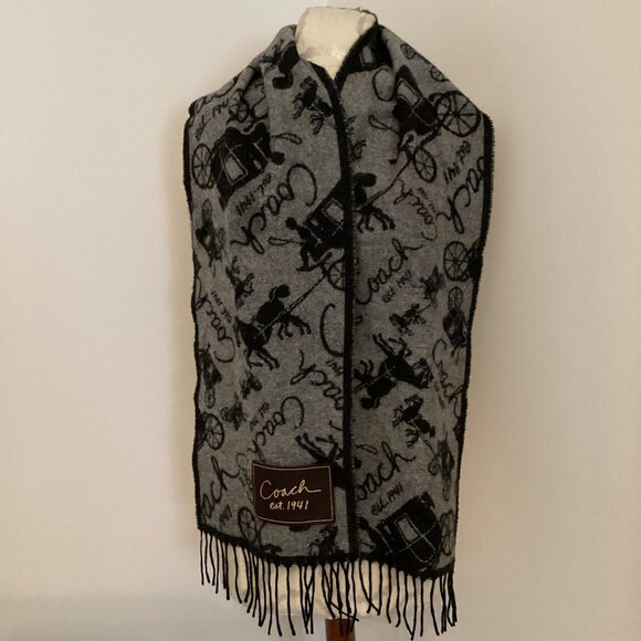 COACH CASHMERE BLEND SIGNATURE PRINT REVERSIBLE TASSLE SCARF PREPPY CLASSIC COZY - Picture 5 of 5